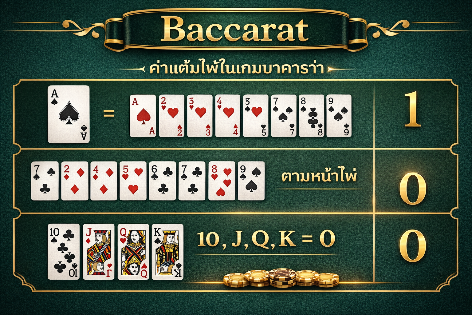 อินโฟกราฟิกสอนวิธีนับแต้มไพ่บาคาร่า ไพ่ Ace มีค่า 1 แต้ม และไพ่หน้าฝรั่งมีค่า 0 แต้ม
