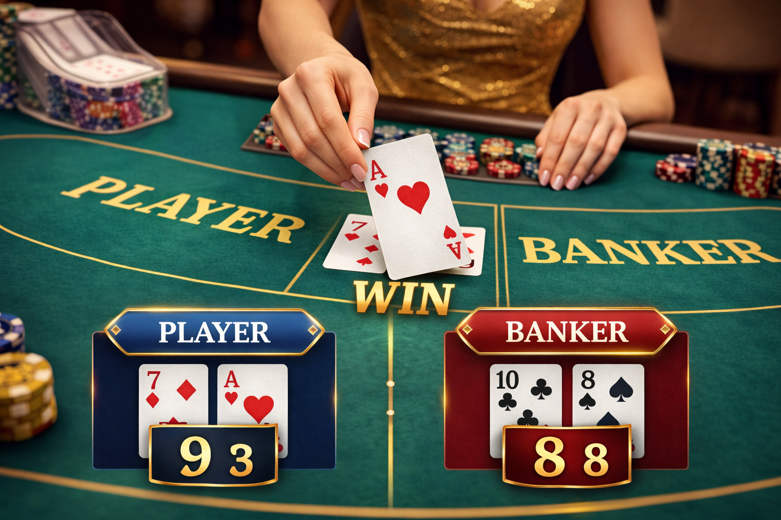 ดีลเลอร์กำลังเปิดไพ่ใบที่ 3 บนโต๊ะบาคาร่าเพื่อตัดสินผลแพ้ชนะ